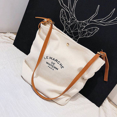 Supermarkt Custom Logo Baumwolle Leinwand Tote Schultertaschen mit braunen Ledergriffe