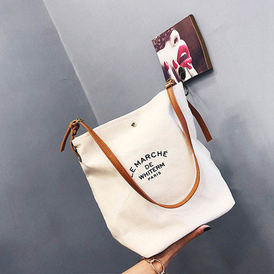 Supermarkt Custom Logo Baumwolle Leinwand Tote Schultertaschen mit braunen Ledergriffe
