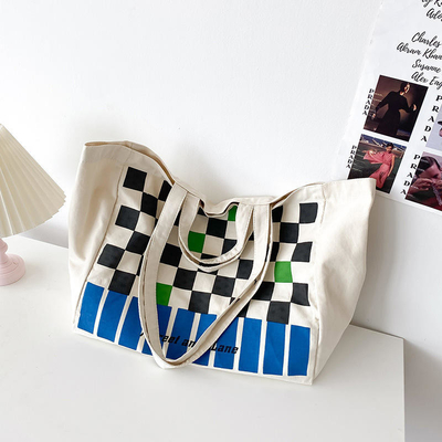 Custom Logo Schwerlast-Schachbrett-Leinwandtasche für modische Farbkontrast-Shopping