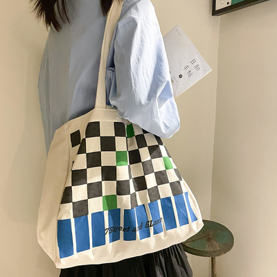 Custom Logo Schwerlast-Schachbrett-Leinwandtasche für modische Farbkontrast-Shopping
