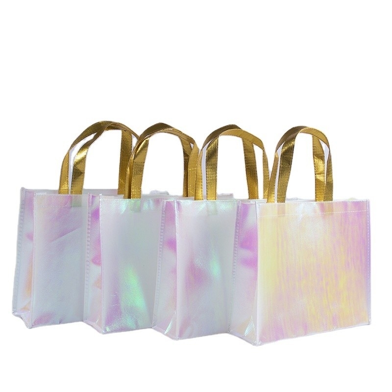 Ausstellung Custom Logo Rosa Holographische nicht gewebte Irisescent Tote Tasche zum Hochzeitsgeschenk