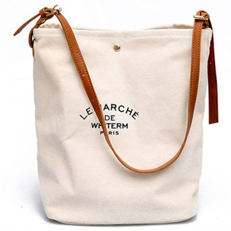 Supermarkt Custom Logo Baumwolle Leinwand Tote Schultertaschen mit braunen Ledergriffe