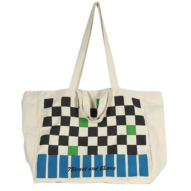 Custom Logo Schwerlast-Schachbrett-Leinwandtasche für modische Farbkontrast-Shopping